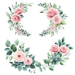 Watercolor floral wreath, with roses and pink flowers, leaves, and eucalyptus clipart, on a white background, 