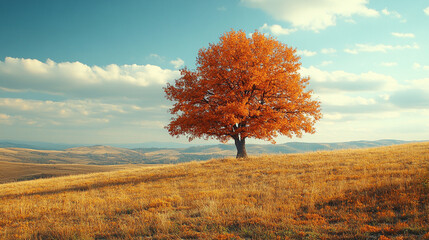 solitary tree stands majestically atop a grassy hill, symbolizing resilience and solitude. Its vibrant green leaves contrast against a clear blue sky, evoking feelings of peace and tranquility