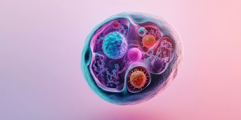 A detailed 3D illustration of a human cell with all its organelles labeled, set against a soft gradient background to emphasize its structure