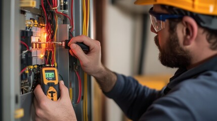 An electrician using a multimeter to check the voltage on an open circuit panel.