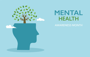 Mental Health awareness month, concept design with tree on human head vector illustration.