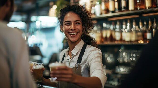 A smiling bartender serving a drink to a customer at a stylish bar, with bottles and glasses lining the shelves behind.