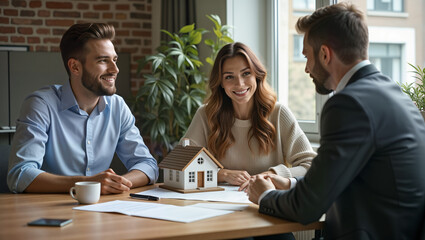 A happy couple discusses their home buying journey with a real estate agent, showcasing a miniature house on the table. Perfect for real estate marketing, blogs, and client engagement