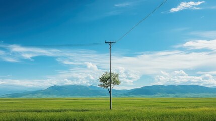 Electric pole standing in a wide green meadow, with a solitary tree and distant mountains under a bright blue sky.