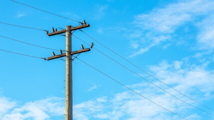Electric pole with birds perched on the power lines, against a bright blue sky with light clouds.
