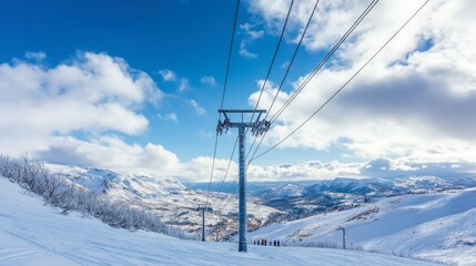 Electric pole with power lines cutting across a snowy mountain landscape, with skiers visible in the distance.