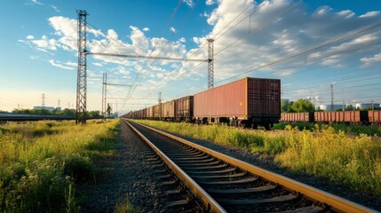 Fototapeta premium Electric poles running alongside a railway line cutting through an industrial area, with freight trains passing by.
