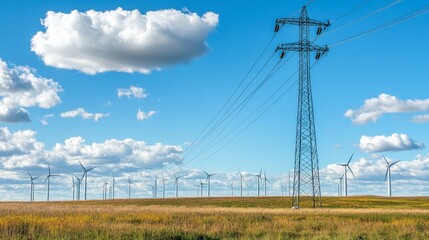 High-voltage electric pole towering over a wind farm, with wind turbines turning in the background under a partly cloudy sky.