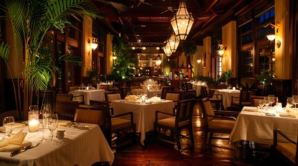 Luxurious and elegant dining room interior with white tablecloths and chairs, candlelight, and warm lighting.