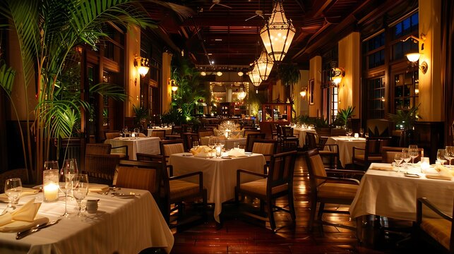 Luxurious and elegant dining room interior with white tablecloths and chairs, candlelight, and warm lighting.
