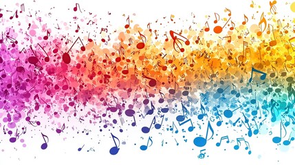 Abstract colorful background with musical notes and watercolor splashes.