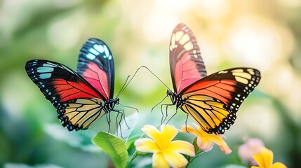 Naklejka premium Two vibrant butterflies perched on flowers, showcasing their colorful wings in a serene nature setting.