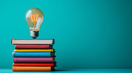 lightbulb perched atop a stack of colorful books symbolizes enlightenment, knowledge, and creativity. The vibrant colors inspire curiosity and a desire for learning, illuminating the path to understan