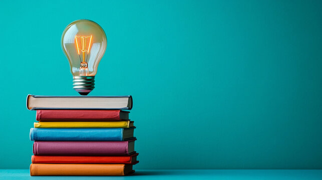lightbulb perched atop a stack of colorful books symbolizes enlightenment, knowledge, and creativity. The vibrant colors inspire curiosity and a desire for learning, illuminating the path to understan