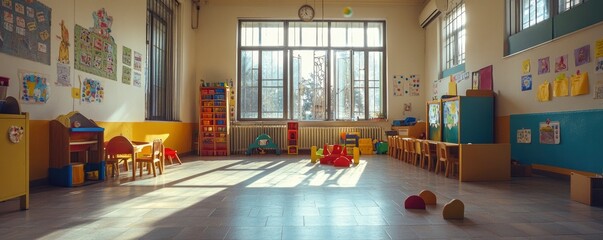 a teacher and without kids childcare center's classroom