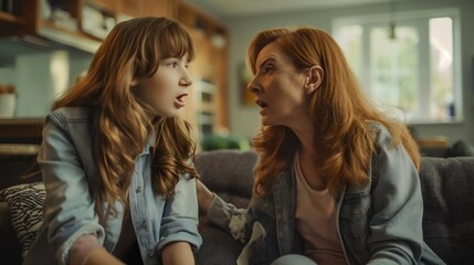  discussion between daughter and mother deepens family ties through heartfelt conversation expressing love while talking, parent rests on couch beside female teen child
