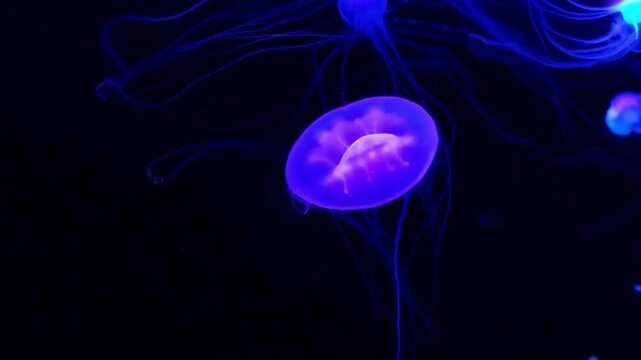 Footage of bioluminescent jellyfish drifting through the dark ocean depths, glowing in mesmerizing hues of blue, green, and purple in an otherwise pitch-black abyss.
