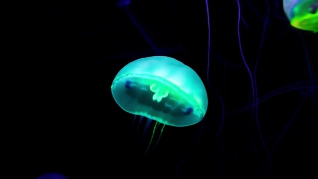 Footage of bioluminescent jellyfish drifting through the dark ocean depths, glowing in mesmerizing hues of blue, green, and purple in an otherwise pitch-black abyss.
