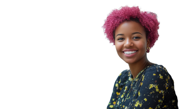 Smiling Young Woman with Pink Afro Hair isolated on transparent background