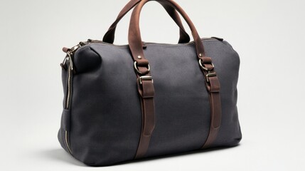 Naklejka premium Casual dark grey canvas gentleman bag with zip details, displayed on a white background, emphasizing practical design.
