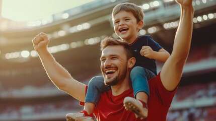 A father carrying his cheering son on his shoulders at a football or soccer match on the stadium and cheering, surrounded by an excited crowd. The boy smiles with joy, outdoor family bonding