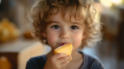 A Hungry Toddler Enjoying a Healthy Snack: A Cute Little Boy Eating Fresh Fruit with Joyful Eyes, Celebrating Childhood Nutrition and the Delight of Tasty Meals in His Lifestyle