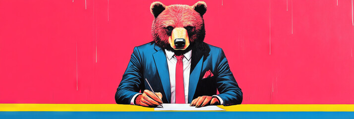 Obraz premium A bear in a suit signs a document.