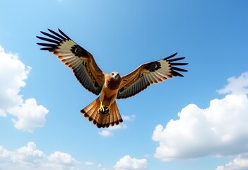 Fototapeta premium Aerial Majesty: Honey Buzzard's Panoramic Sky Dance - Ultra-Wide Angle Nature Photography Capturing Bird's Energy and Grace in Clear Blue Heavens
