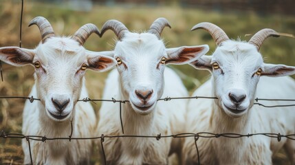 Obraz premium Three white goats behind the fence