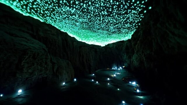 A mystical view inside a glowworm cave, where thousands of tiny, glowing insects create a starry sky-like effect on the cavern ceiling.
