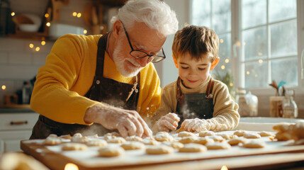 Baking cookies brings joy and connection between grandfather and his grandson, as they share delightful moment in kitchen, surrounded by warmth and festive lights