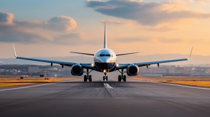Fototapeta premium Airplane on Runway During Sunset