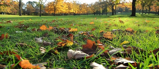 Green Grassy Field With Brown Leaves On The Ground