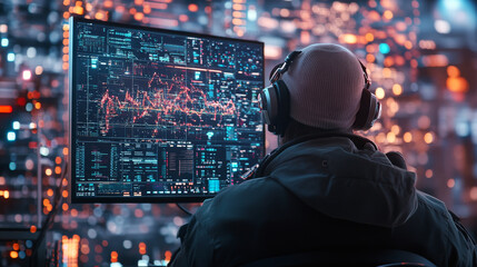 A person wearing headphones is focused on large screen displaying complex data visualizations and graphs, surrounded by vibrant digital environment. atmosphere conveys sense of high tech analysis and
