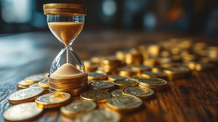 modern sand hourglass atop a stack of coins, symbolizing the passage of time and financial investment. This image reflects the value of patience, savings, and the inevitability of economic cycles