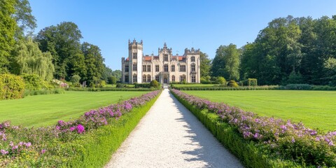castle with garden, field and pathway on bright sunny day