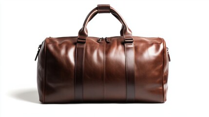 Naklejka premium Gentleman leather duffel bag in rich brown, placed horizontally on a white background with zipper details visible.