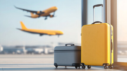 Fototapeta premium Traveling can be exciting, especially with luggage ready for adventure. This image features two suitcases, one yellow and one gray, set against backdrop of an airport with planes taking off
