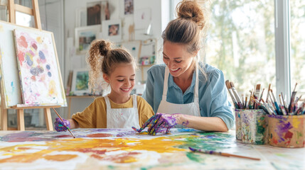 Creating art together, woman and girl share joyful moment while painting with vibrant colors. Their hands are covered in paint, showcasing creativity and happiness