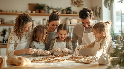 Creating delicious memories, this joyful family is engaged in baking together, making pizzas in cozy kitchen filled with warmth and laughter