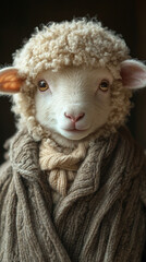 A fluffy white lamb wearing a brown sweater, looking directly at the camera.