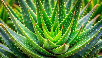 Fototapeta premium A close-up shot of a healthy aloe vera plant with thick, fleshy leaves, succulent, aloe vera, plant, green, nature, garden