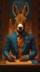 A donkey in a suit signs a document.