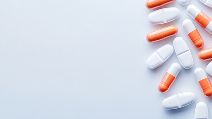 top-down view of assorted pharmaceutical pills scattered on a surface. The colorful arrangement represents modern medicine, health care choices, and wellness options