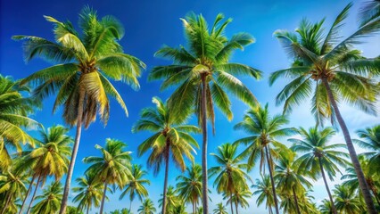 Tropical palm trees against a clear blue sky, tropical, palm trees, exotic, vacation, travel, paradise, nature, landscape