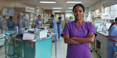 Obraz premium Smiling African American nurse wearing purple scrubs in a bright and inviting hospital hallway with copyspace for marketing or business ad