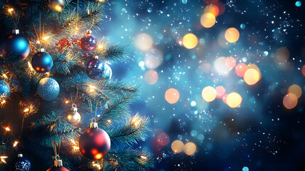 Christmas Tree With Ornaments In Blue And Bokeh Lights - Real Fir Branches With Glittering In Abstract Defocused Background - This Image Contain 3d Rendering Elements
