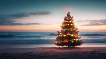 Beautiful christmas tree at the beach with lots of copy space