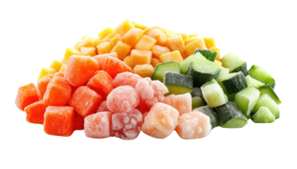 Colorful frozen diced fruits and vegetables on a white background. transparent background.