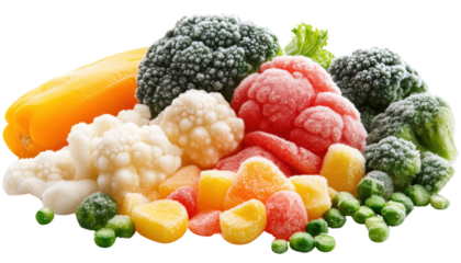 Colorful assortment of frozen vegetables on a white background. transparent background.